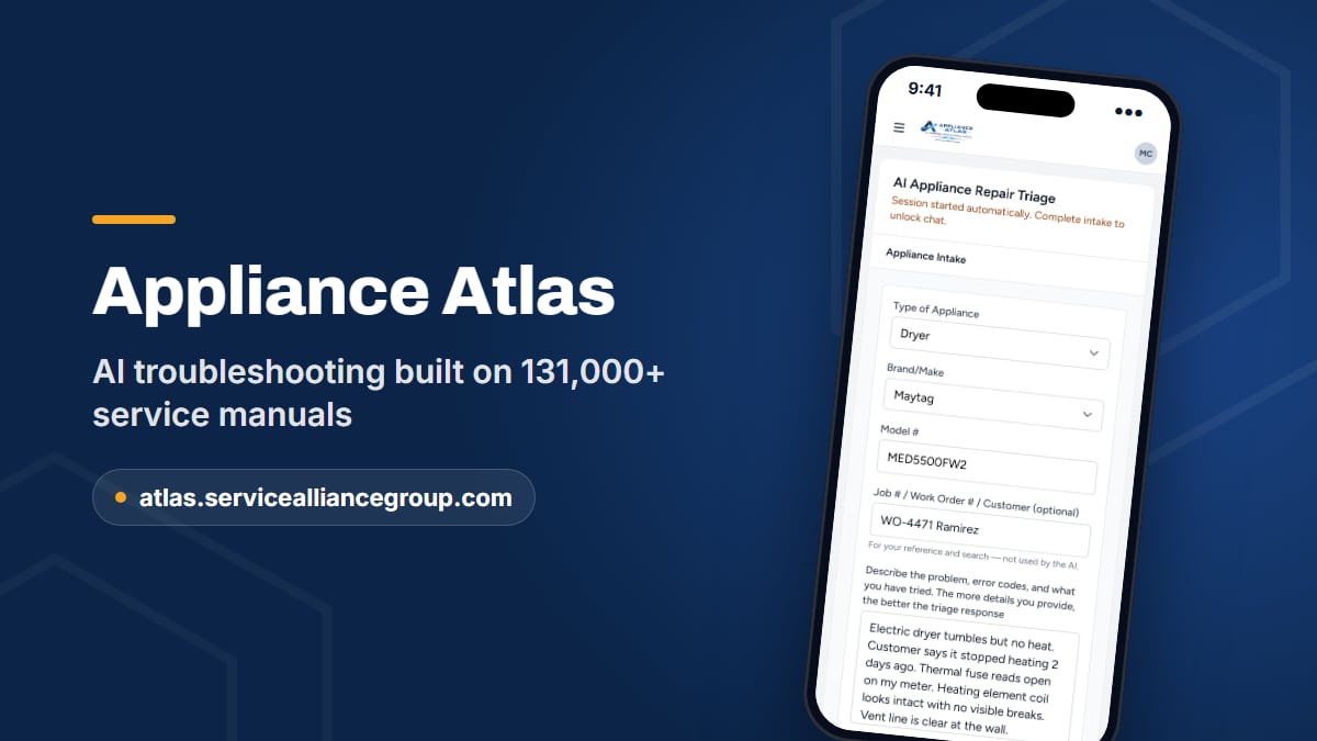 Appliance Atlas, AI troubleshooting grounded in 131,000+ service manuals, on a phone in the field