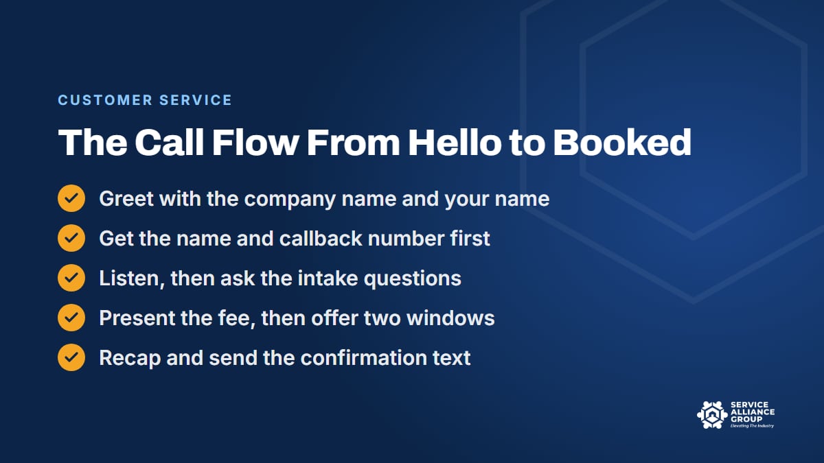 Appliance repair CSR call flow from hello to booked