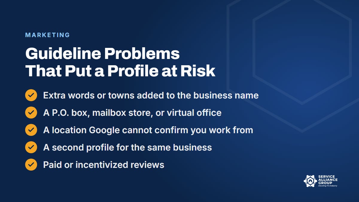 Google Business Profile guideline problems that can get an appliance repair listing suspended