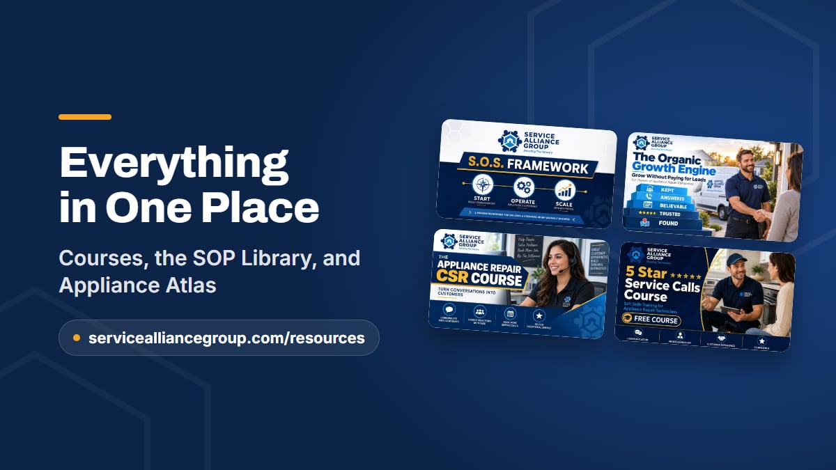 Service Alliance Group courses, SOP Library, and tools for appliance repair business owners