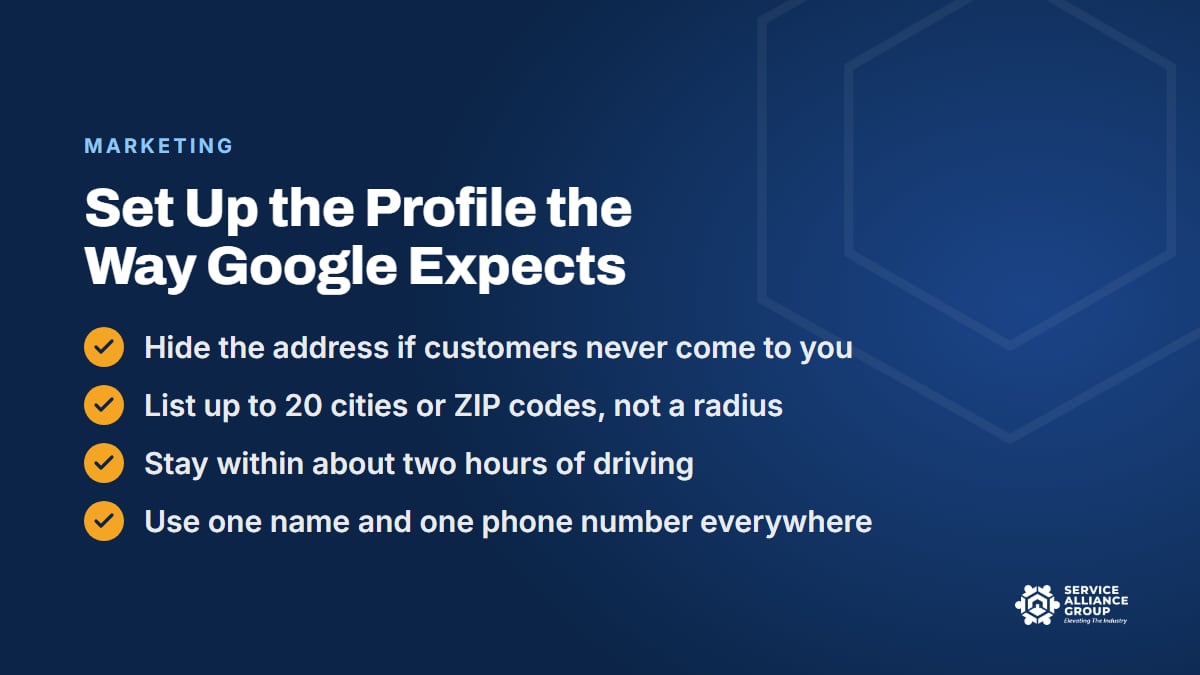 Service area business SEO setup for an appliance repair Google Business Profile