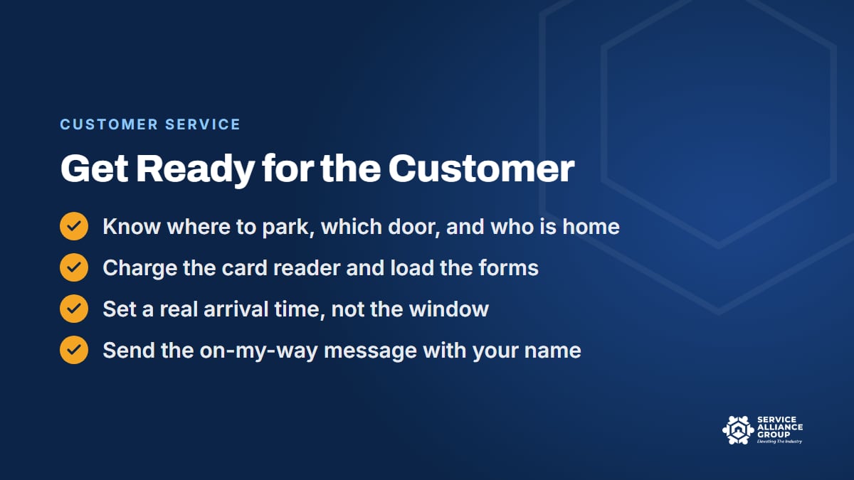 Pre-service checklist steps 9 to 12: access, payment, arrival time, and the on-my-way message