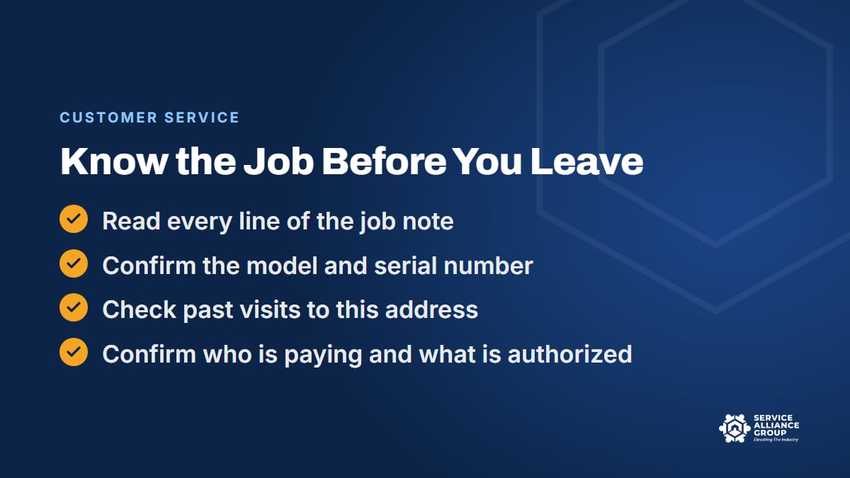 Pre-service checklist steps 1 to 4: job notes, model number, past visits, and payment