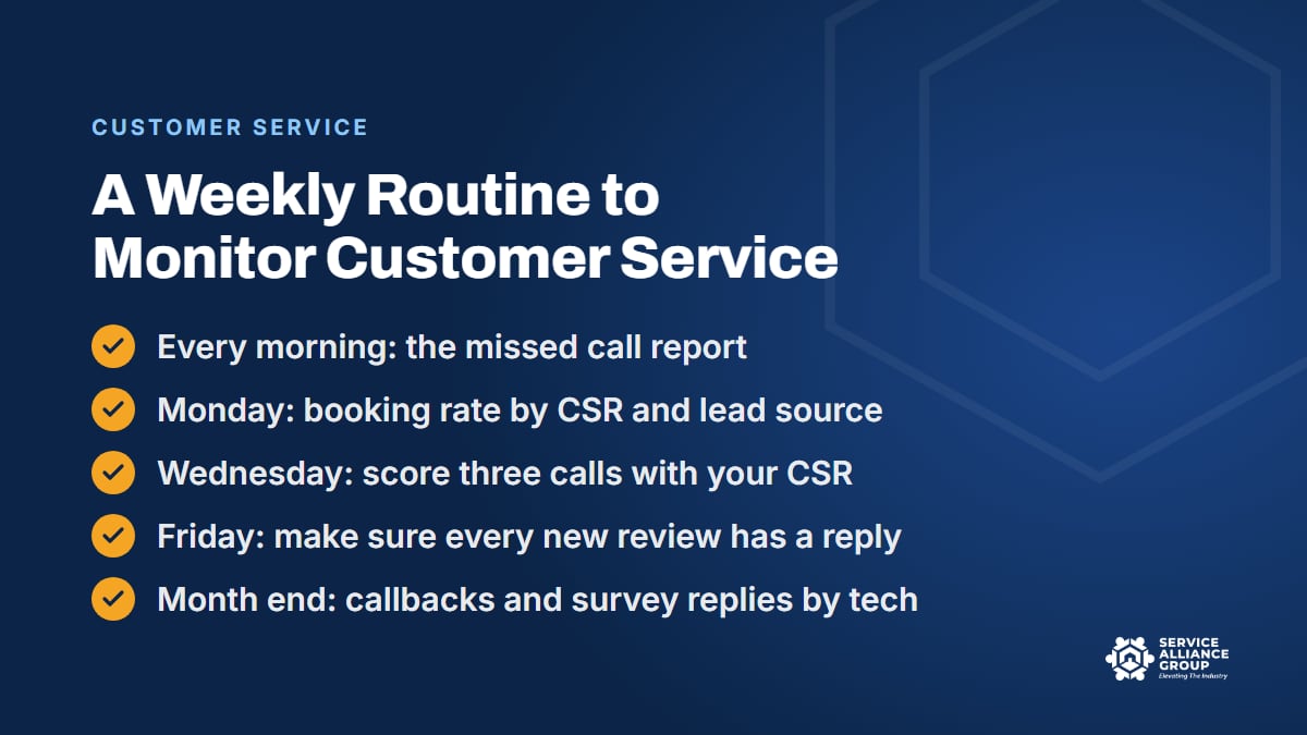 Weekly routine to monitor customer service in an appliance repair business